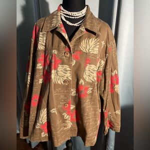 hearts of palm Brown Linen Jacket with Red Beige Flowers Button-Up 16 XL